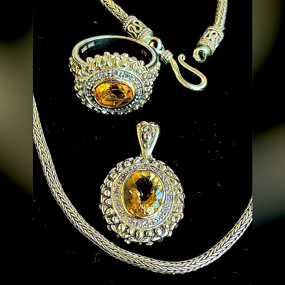 Vintage Samuel B.(Benham)Necklace & Ring Citrine&Diamonds set in 925 & 14K Gold